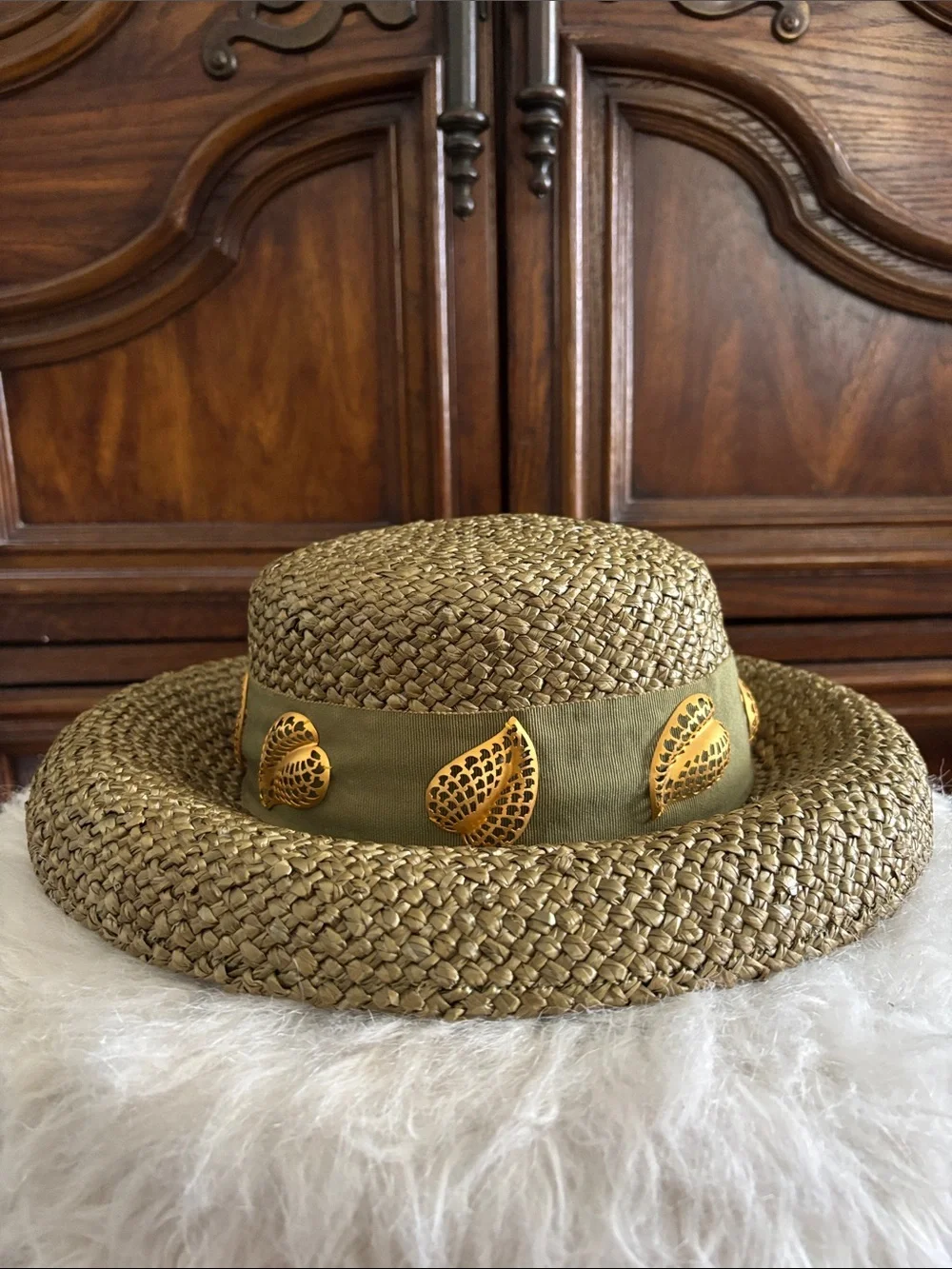 Vintage Eric Javits Green straw hat with gold leaf detail - Picture 2 of 16